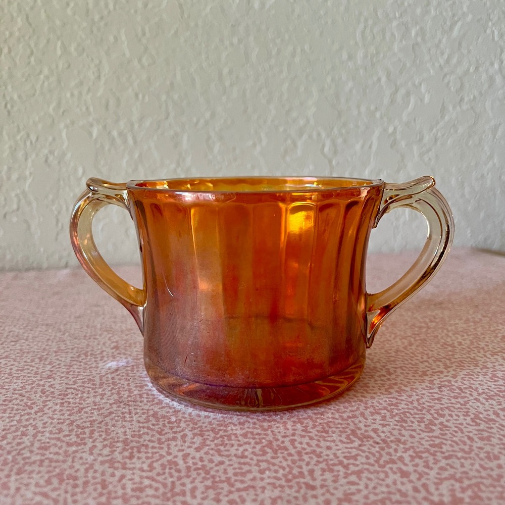 Vintage Marigold Carnival Glass Sugar Bowl Ribbed Iridescent Starburst Base